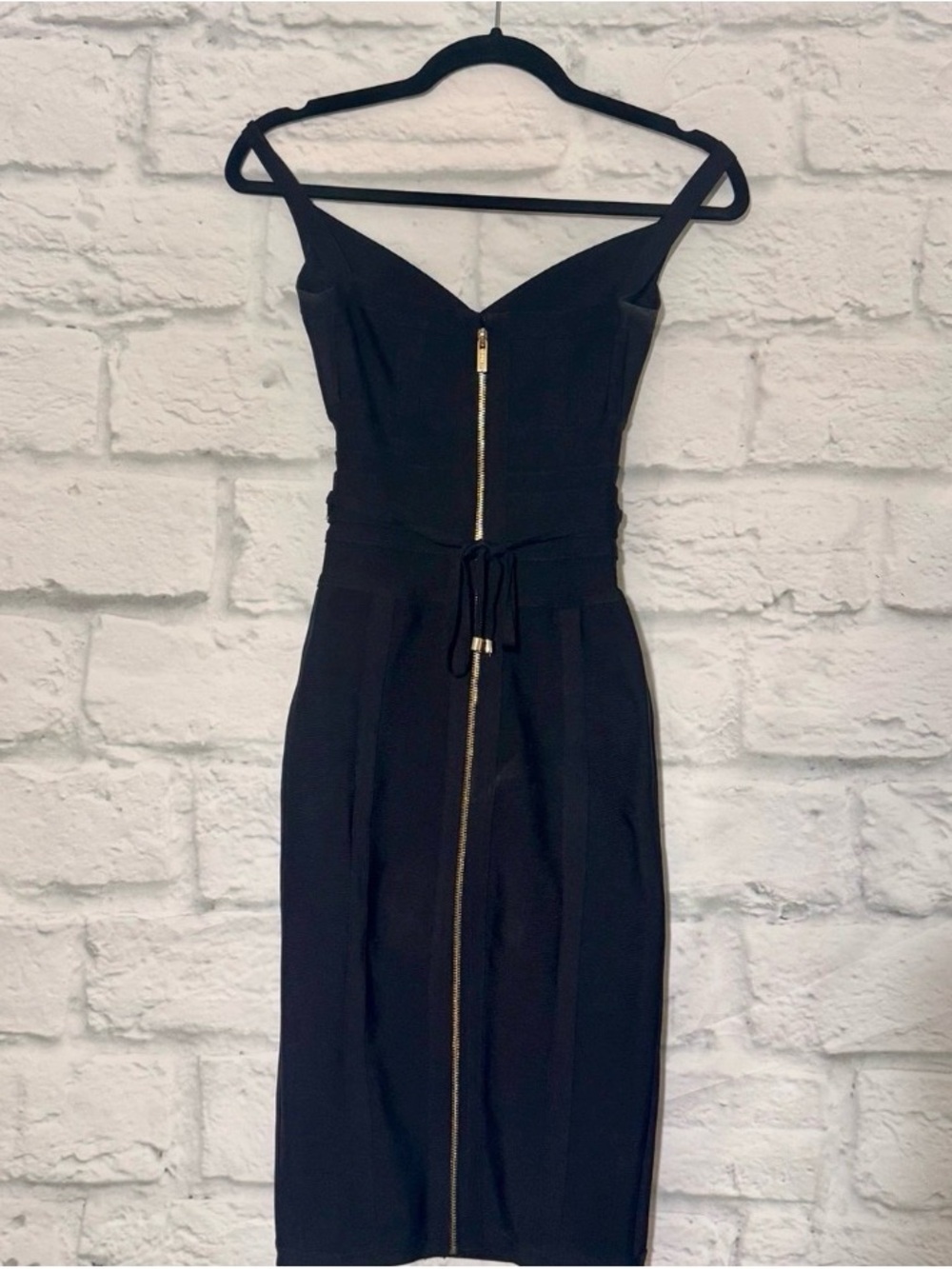 SHEIN Black Midi Dress with Gold Front Zip and Waist Tie